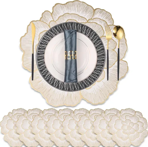 Vista 13 de pigchcy Juego de 4 manteles individuales dorados de 15 pulgadas, lavables para interiores y exteriores, impermeables, antideslizantes, para fiestas
