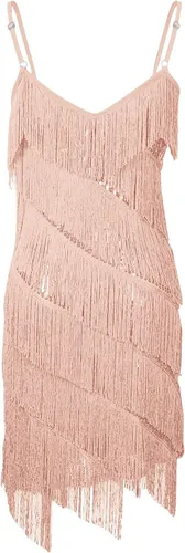 Vista 4 de Vestido sexy de fiesta con cuello en V para mujer, vestido de lentejuelas de color sólido, vestido con flecos, para ocasiones especiales