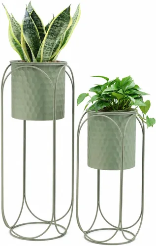 Vista 12 de TRIROCKS Juego de 2 macetas grandes de metal con soporte para plantas de interior de 28 y 18 pulgadas de alto para sala de estar, esquina, cocina