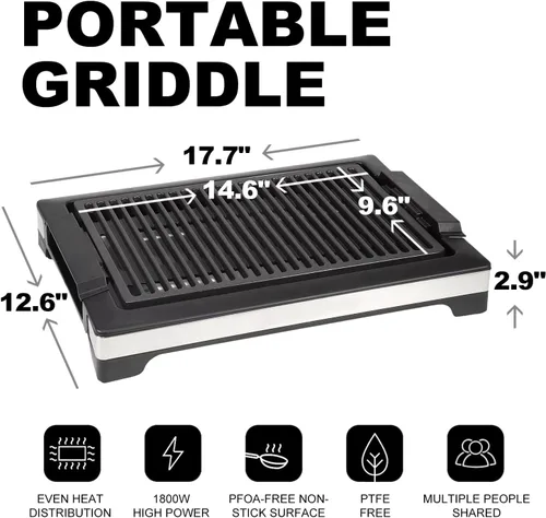 Vista 2 de Parrilla eléctrica portátil sin humo, 5 niveles de temperatura ajustable y asas de tacto frío, parrilla de barbacoa de 1600 W, tamaño medio