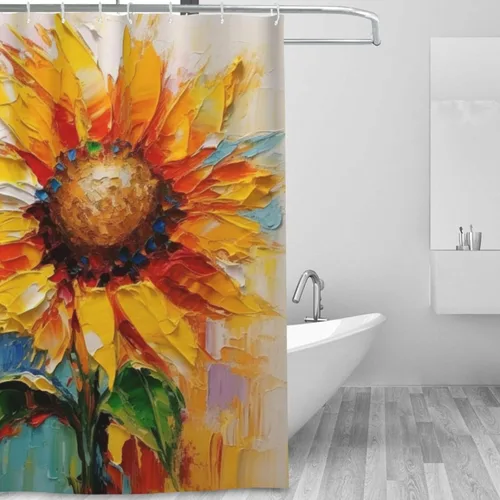 Vista 2 de YLATY2220 - Cortina de ducha de girasol para baño, pintura al óleo, hojas verdes, flores, bohemio, tela amarilla abstracta, moderna, impermeable