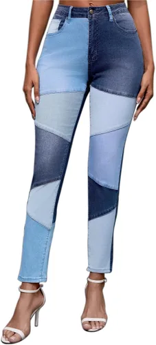 Vista 2 de vanberfia - Pantalones elásticos de cintura media para mujer, diseño retazos de mezclilla