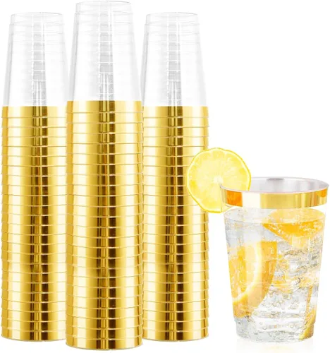 Vista 12 de Ciaell 120 vasos de plástico dorados, vasos de plástico transparente resistentes de 10 onzas con borde dorado, vasos desechables con borde dorado