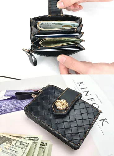 Vista 3 de Cartera con llavero de pulsera, cartera de cuero con correa de pulsera, bolsillo delgado RFID para tarjetas de crédito con cordón, Negro -, Plegable