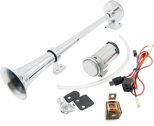 Vista 11 de Bocina de aire de 12 V 150 DB Bocina de coche 17.7 in Altavoz de coche Negro Cromo Zinc Trompeta simple Bocina súper fuerte con bomba de aire Bocina