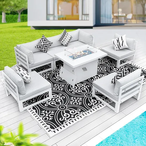 Vista 65 de BULEXYARD - Sofá modular de aluminio para exteriores con mesa para fogata, 7 piezas, color verde azulado
