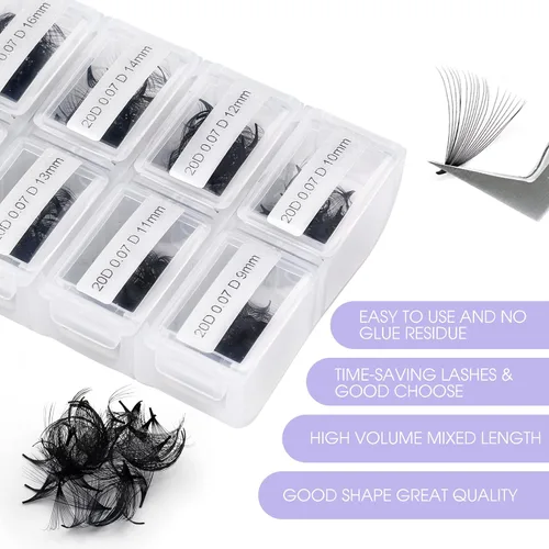 Vista 6 de Extensiones de pestañas de 1200 fans, prefabricadas, con volumen, 9-20mm, bandeja mixta, 20D, con punta en C, base puntiaguda, extensiones