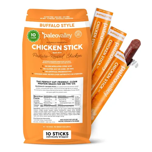 Vista 10 de Paleovalley: Palitos de carne 100% alimentados con pasto – Bocadillo orgánico paleo y keto con probióticos naturales – 40 palitos de carne seca