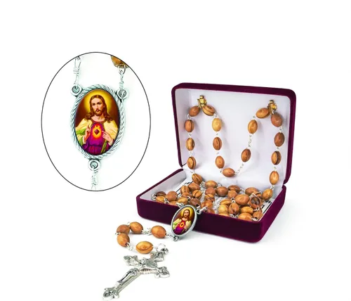 Vista 2 de TREE OF LIFE REV. 2214 Collar de rosario católico de madera de Israel, cuentas de rosario de madera de olivo con retrato de icono y colgante de cruz