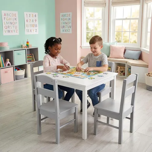 Vista 9 de Costzon Juego de Mesa y Sillas para Niños, Mesa de Actividades de Madera de 5 Piezas y Sillas para Artes, Manualidades, Tareas, Hora de Merienda