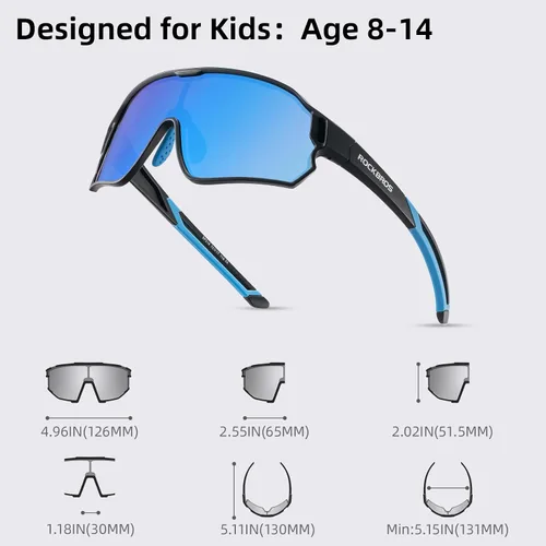Vista 8 de ROCKBROS Lentes de sol polarizados para niños, gafas de sol deportivas para ciclismo, protección UV400 para jóvenes, niños y niñas de 8 a 14 años