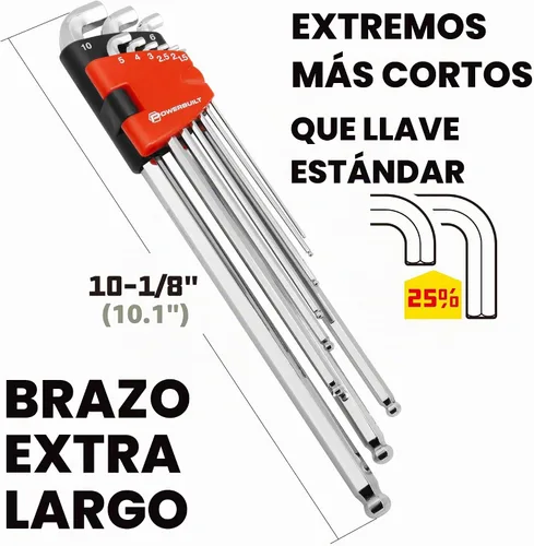 Vista 2 de Powerbuilt Juego de llaves hexagonales de extremo de bola de brazo largo métrico de 9 piezas, llave Allen, brazo extralargo, extremo de bola