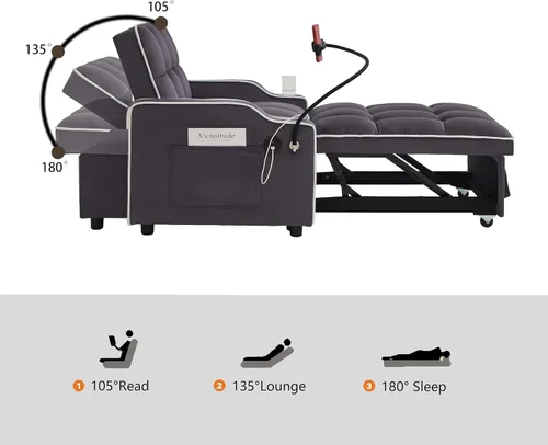 Vista 4 de Sofá cama extraíble pequeño de 69 pulgadas, sofá cama convertible 3 en 1, respaldo ajustable con soporte para teléfono, bolsillo lateral y puerto