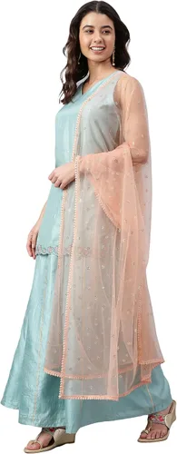 Vista 4 de Janasya Kurta bordada de seda de poliéster verde mar indio para mujer con Palazzo y Dupatta