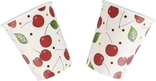 Vista 3 de Geeklife Vasos de papel de cereza dorada, 9 onzas de papel de cerezas, frutas y cerezas, desechables, vasos de papel decorativos a granel, 40