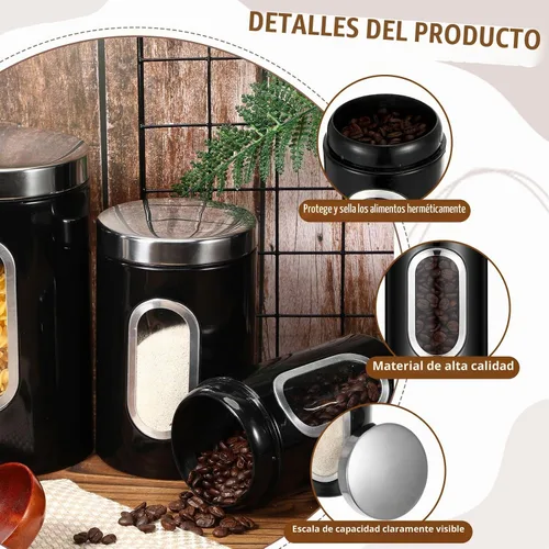 Vista 3 de Maxdot Juego de 6 recipientes negros para encimera de cocina, té, café, azúcar, con ventana transparente, tarro de café, contenedor de azúcar