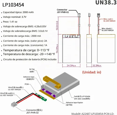 Vista 2 de EEMB 3.7V 103454 2000mAh Lipo Batería recargable JST2.0 Conector 1 paquete