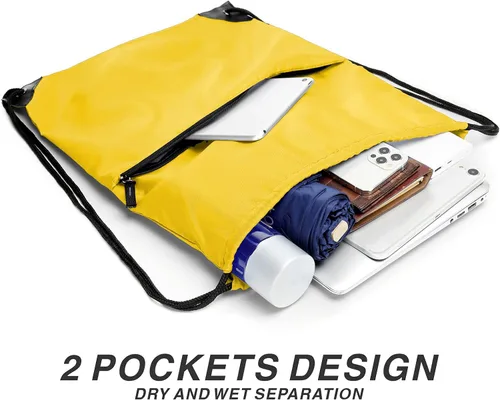 Vista 4 de BuyAgain Mochila deportiva con cordón, resistente al agua, bolsa deportiva para gimnasio, para mujeres y hombres, grande con cremallera, Amarillo