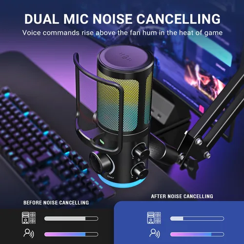 Vista 7 de FIFINE Kit de micrófono de transmisión USB para juegos, micrófono de condensador con RGB, cancelación de ruido, Dial de juego/chat Plug & Play