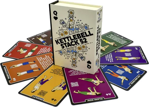 Vista 8 de Tarjetas de ejercicio Stack 52 con pesa rusa. Juego de cartas para entrenamiento de peso corporal. Incluye instrucciones en video. Aprende