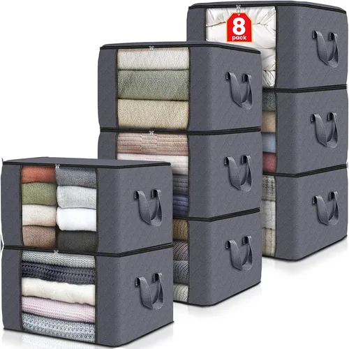 Vista 9 de Fab totes Paquete de 3 bolsas de almacenamiento plegables de tela gruesa, contenedores para organizar dormitorio, armario, ropa, edredón, Beige