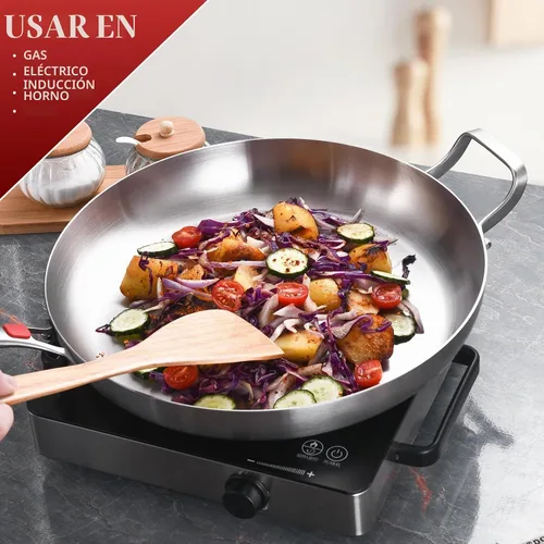 Vista 4 de Inqibee Sartén de acero inoxidable de 13 pulgadas, tricapa, con tapa y mango auxiliar, sartén, sartén de cocina de inducción, mango desmontable