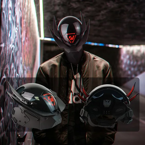 Vista 4 de Máscara punk cosplay para hombres, accesorio futurista de disfraz de samurái, casco punk Techwear para Halloween