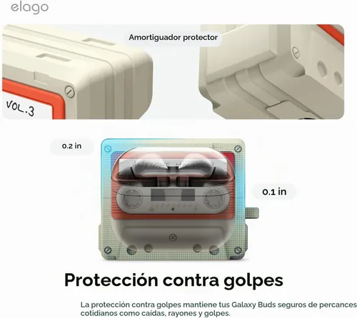 Vista 5 de elago Compatible con Samsung Galaxy Buds 3 Pro y 3 y 3 FE Funda, funda con diseño de cinta de casete con mosquetón, protección completa, accesorios