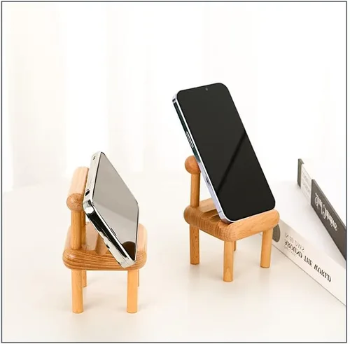 Vista 7 de Soporte de madera para teléfono celular con forma de silla pequeña, soporte universal multiángulo para teléfono móvil, base portátil para teléfono