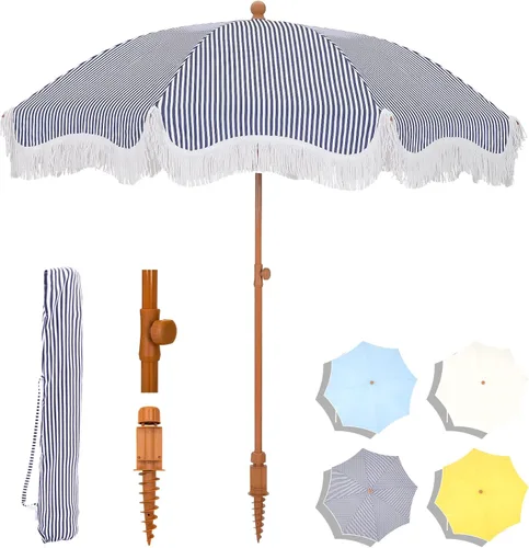 Vista 10 de Sombrilla de playa para patio de 7 pies con flecos, sombrilla para exteriores junto a la piscina, azul