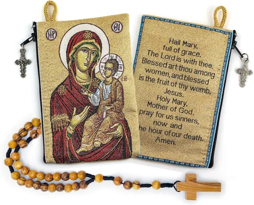 Vista 17 de Bolsa de rosario con cuerda católica de madera de olivo, rosario de Israel, Jesús Rey del Universo y creo en Dios, tela tejida, estilo tapiz, bolsa
