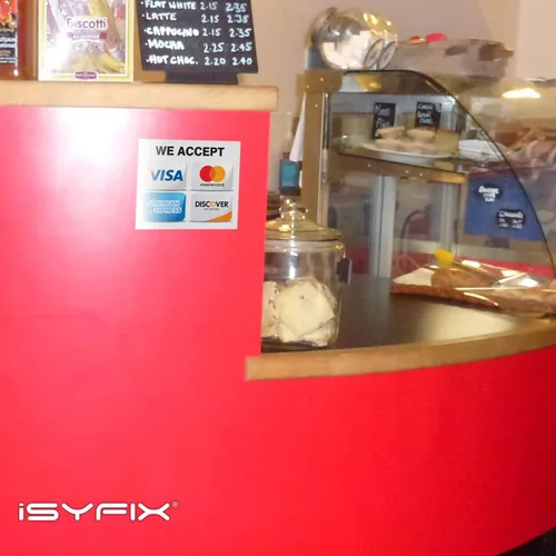 Vista 6 de iSYFIX Calcomanías adhesivas para tarjetas de crédito, 4 unidades de 7 x 6 pulgadas, aceptamos Visa, MasterCard, Amex & Discover, vinilo