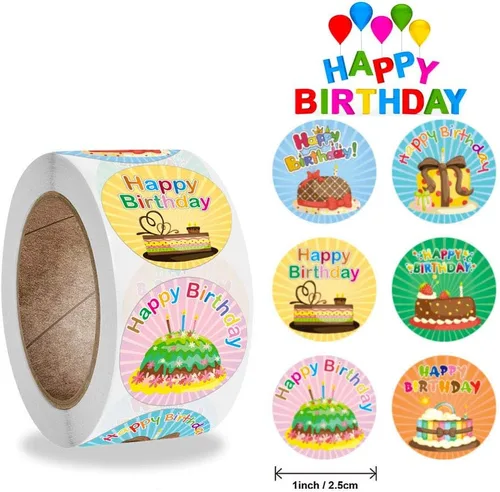 Vista 2 de Calcomanías de cumpleaños para tarjetas, 1 rollo, 500 unidades, 6 bonitos diseños de pastel de cumpleaños, etiquetas adhesivas redondas de 1