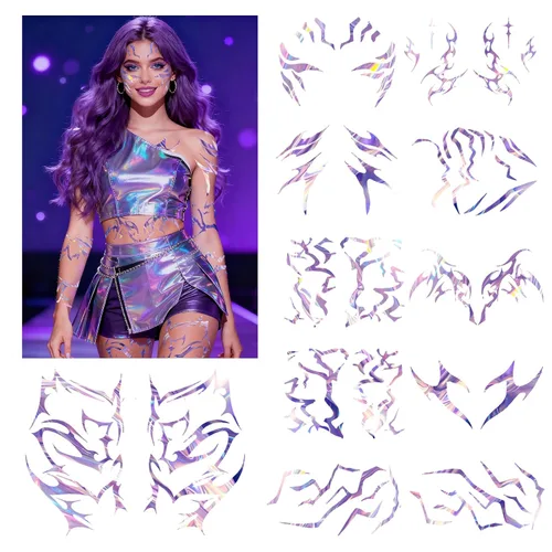 Vista 9 de 12 tatuajes temporales morados que brillan en la oscuridad, tatuajes falsos de baile para cosplay, Halloween, festival de música, maquillaje