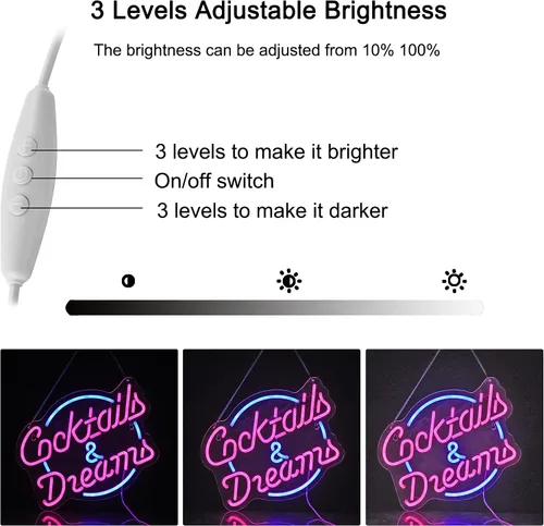 Vista 2 de Letrero de Neón de Cócteles y Sueños para Decoración de Pared Letreros de Neón con Interruptor Regulable LED Letreros de Neón para Dormitorio Barra