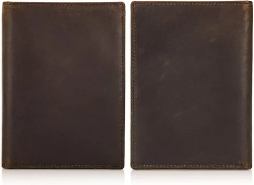 Vista 3 de Polare - Cartera plegable de cuero de grano completo para pasaporte con bloqueo RFID, 2 pasaportes, Marrón oscuro, Slim