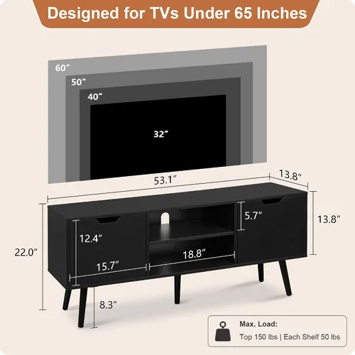 Vista 2 de ALINE FURNITURE - Soporte de TV negro para televisores de 50, 55, 60+ pulgadas - Consola multimedia con 2 gabinetes y estantes abiertos, patas