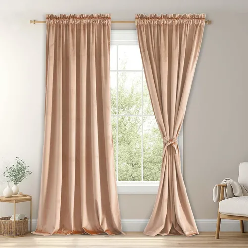 Vista 92 de JIUZHEN Cortinas de terciopelo beige de 63 pulgadas de ancho x 63 pulgadas de largo, cortinas de terciopelo retro suaves con bolsillo para barra