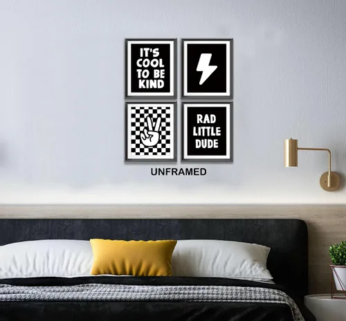 Vista 4 de Cartel de mano retro a cuadros negros y blancos preppy relámpago de la paz para decoración de habitación de niños, decoración divertida de Rad