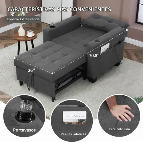 Vista 2 de DURASPACE Silla de dormir de 39 pulgadas, silla convertible 3 en 1, cama, silla de cama extraíble, sillón individual, ajustable con puertos USB