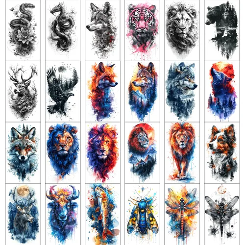Vista 5 de GLARYYEARS - Tatuajes temporales para hombre, diseños realistas de animales en 3D 24 large waterproof fake tattoos. Painless 15-sec application