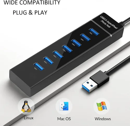 Vista 8 de Extensor divisor de concentrador USB 3.0 de 7 puertos, adaptador multipuerto de 5 Gbps SuperSpeed con cable para laptop, PC, MacBook, Mac Pro/Mini