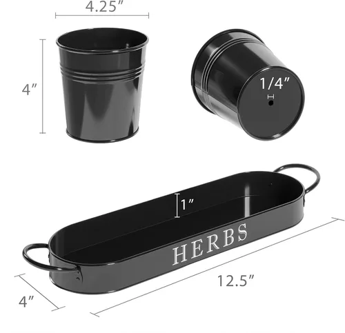 Vista 4 de Barnyard Designs - Juego de macetas para jardín de hierbas de interior con bandeja, macetas de metal para alféizar con drenaje para plantas de Negro