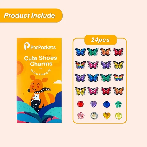 Vista 5 de pocpockets Dijes de decoración de zapatos de mariposa para zapatos, pulseras, pulseras y pulseras de PVC, decoración para mujeres, regalos de fiesta