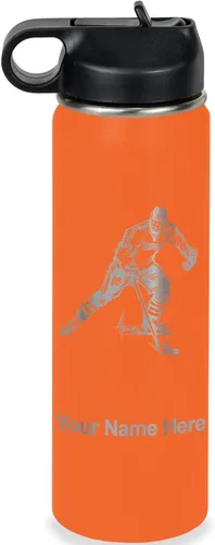 Vista 32 de LaserGram Botella de agua personalizada, jugador de hockey, acero inoxidable de doble pared aislada al vacío con popote superior, regalo grabado