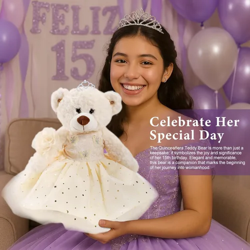 Vista 4 de Muñeca de quinceañera con vestido de membrillo con vestido, decoraciones de quinceañera, regalos de decoración de quinceañera, OSO de peluche