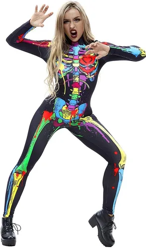 Vista 6 de Sister Amy Disfraz de esqueleto de Halloween para mujer, overol de cosplay S-colorido calavera