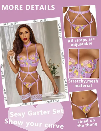 Vista 4 de Avidlove Conjunto de lencería para mujer con encaje bordado y brasier con tirantes y braga extraíble