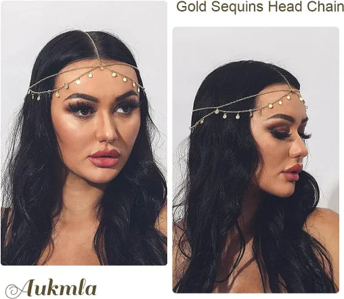 Vista 6 de Diademas para las mujeres, cadena para cabeza con lentejuelas, Aukmla Alloy