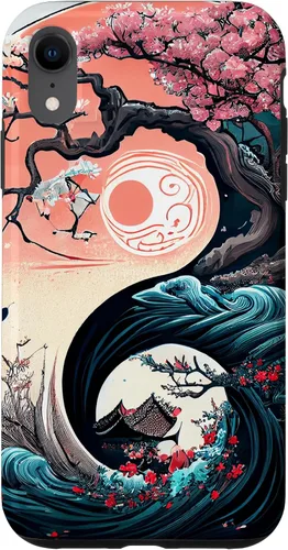 Vista 24 de Funda para iPhone 11 Pro Max Yin Yang Cherry Blossom Bonsái y Great Wave